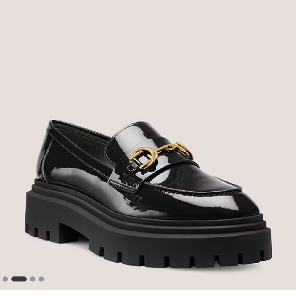 Stuart Weitzman Black Patent Loafers with Gold Hardware